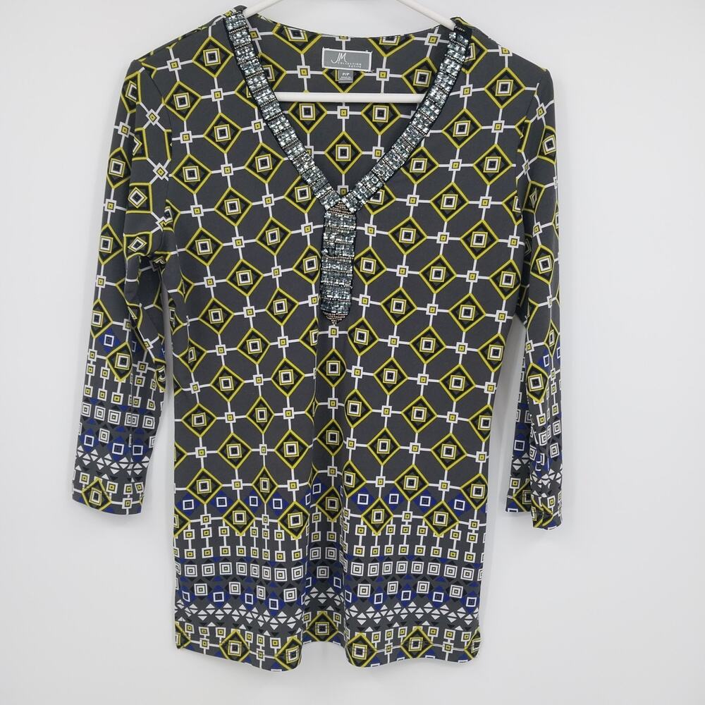 JM Collection Petite Geometric Print Beaded V-Neck 3/4 Sleeve Top P/P Poly XS